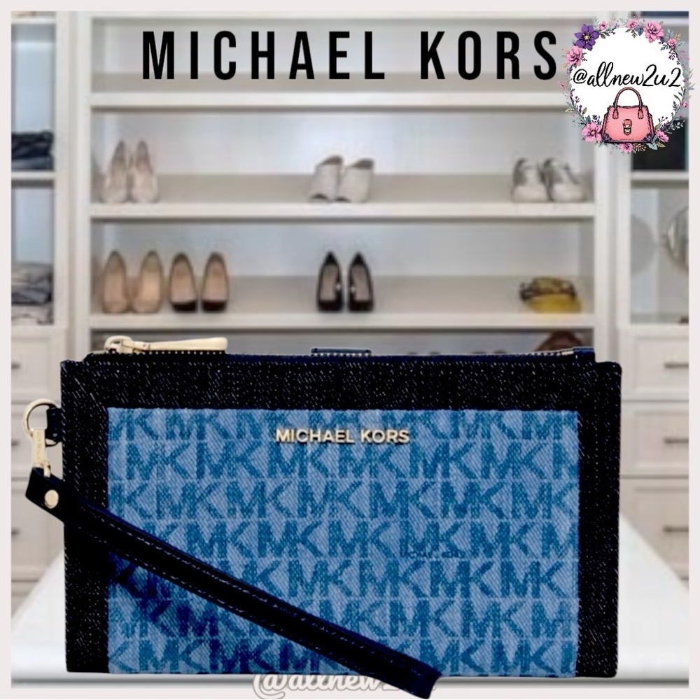 πMichael Kors Signature Denim Double Zip Wristlet Clutch Wallet - Picture 1 of 12